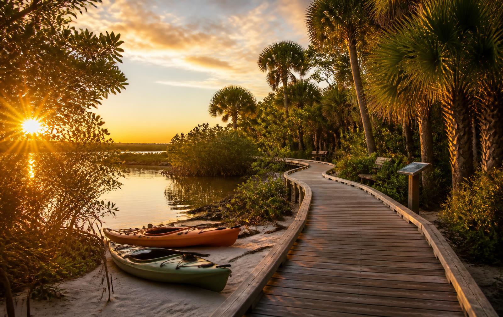 Sunlit Southwest Florida preserve boardwalk winding through mangroves and palms with kayaks resting on the sand