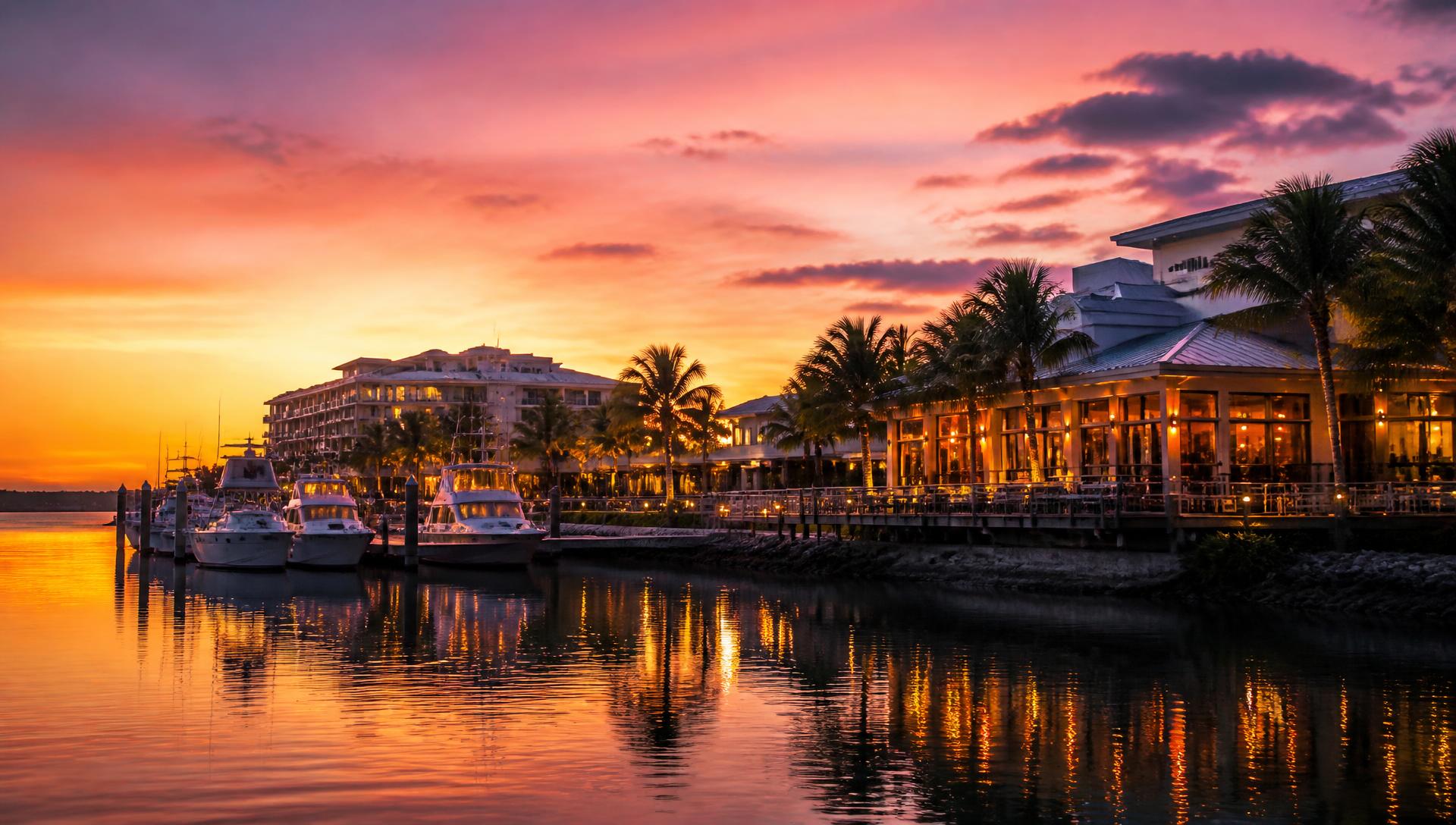 Southwest Florida marina at dusk with waterfront restaurant and hotel lights reflecting on the water