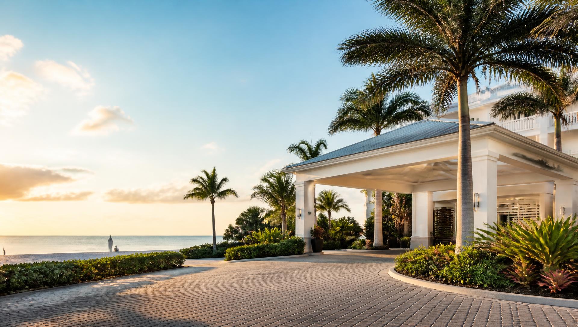 Gulf-front Southwest Florida resort entrance at golden hour with royal palms and the beach beyond