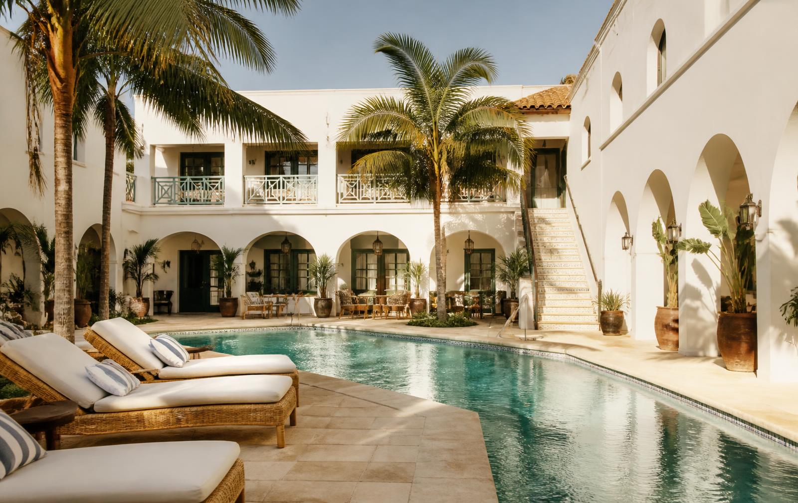 Sunlit Southwest Florida boutique hotel courtyard with a turquoise pool, white arches and royal palms