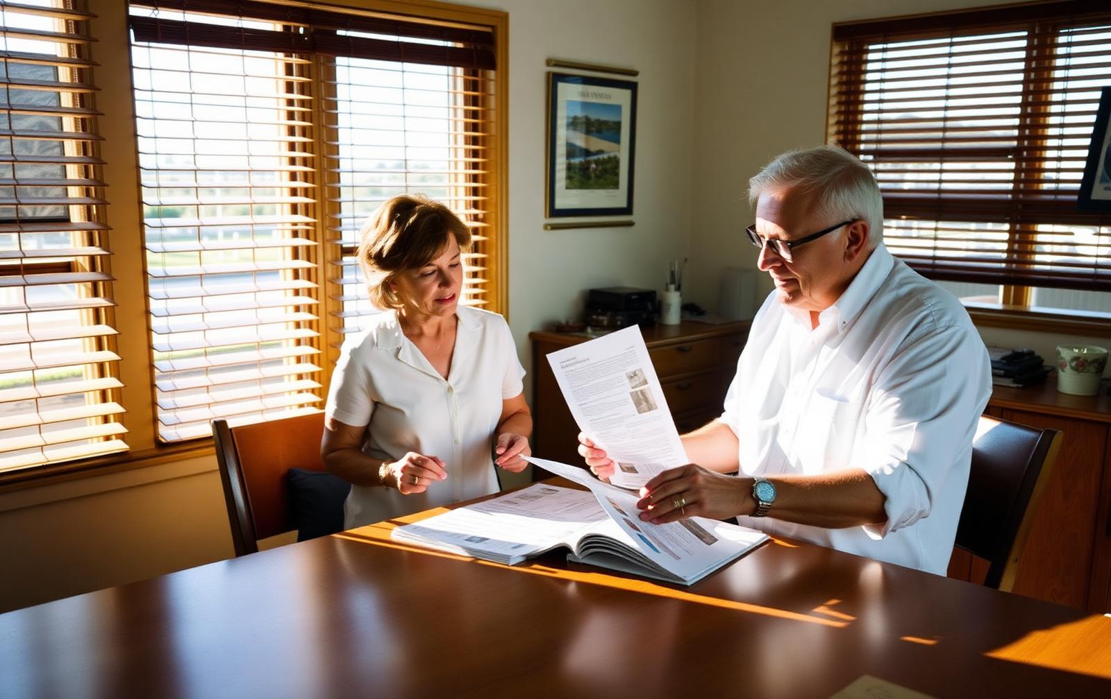 A business owner and an advisor reviewing printed findings together at a sunlit table in Southwest Florida
