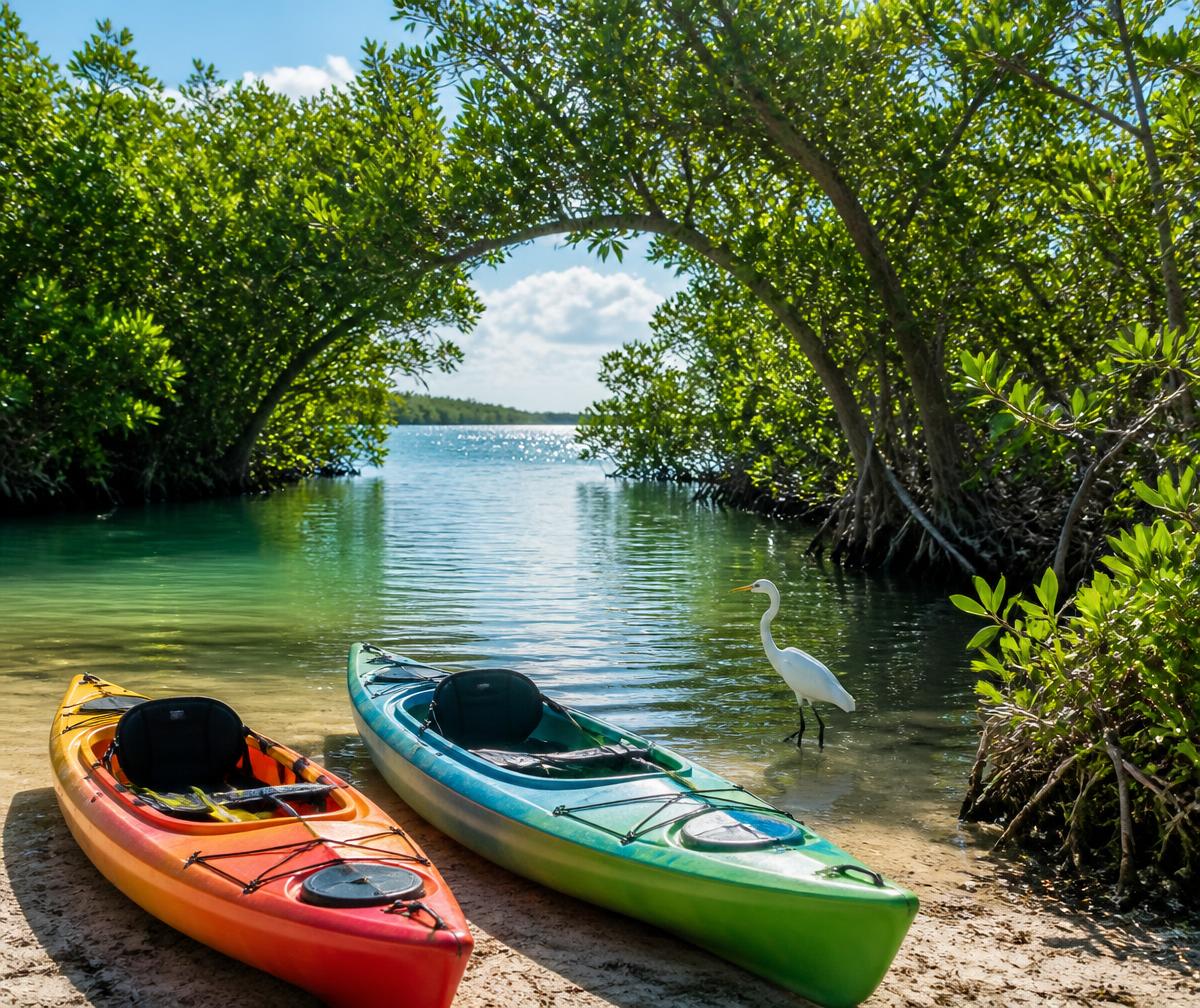 Kayaks on the sand at a sunlit Southwest Florida mangrove trail with a wading egret