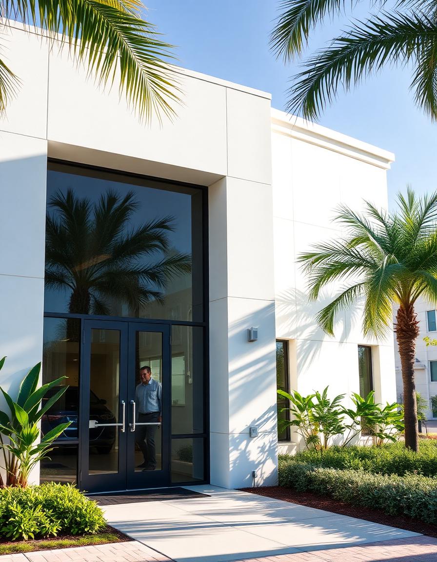 Modern Florida professional office entrance with glass doors and subtropical landscaping