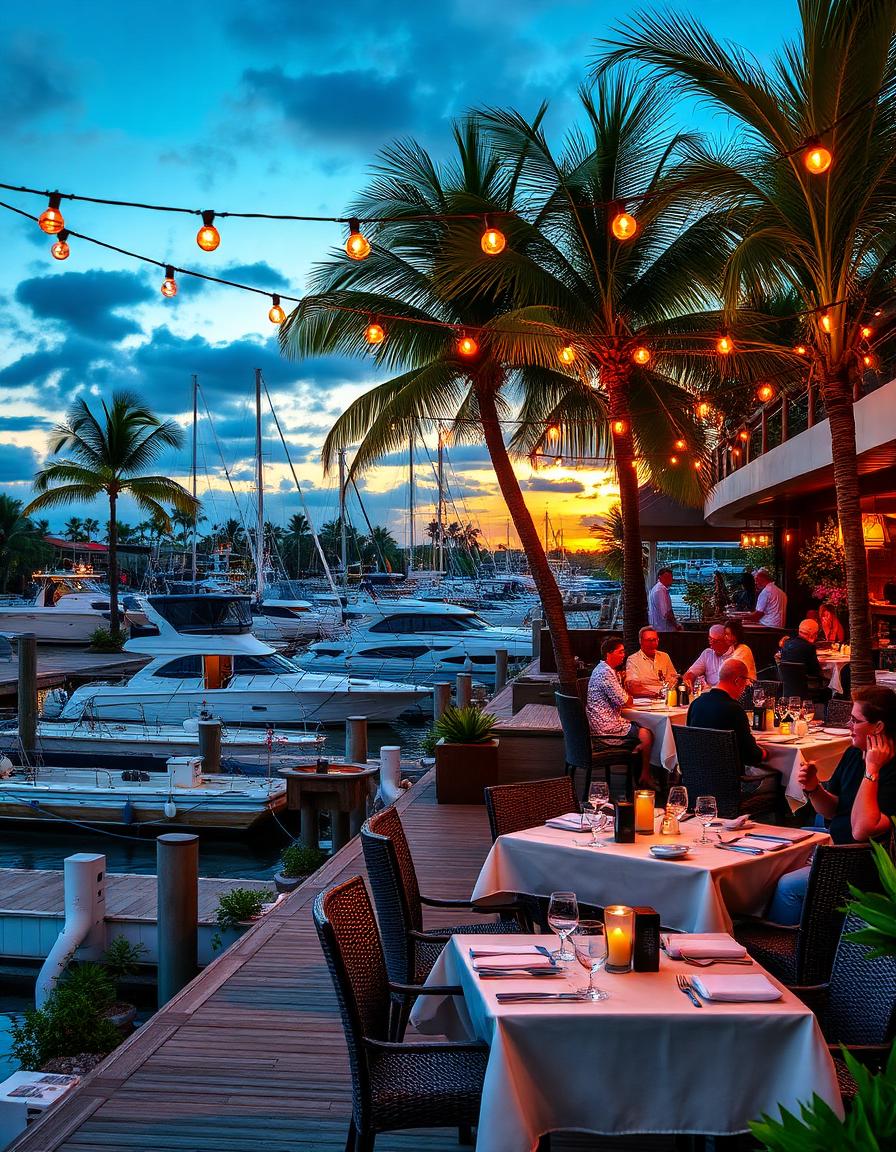 Waterfront Florida restaurant terrace beside a marina at sunset with string lights and set tables