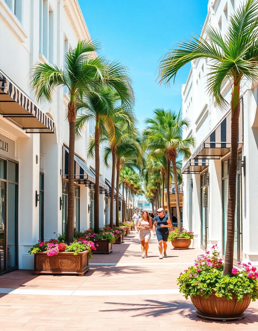 Bright walkable Gulf Coast shopping district with white storefronts, palms and flowering planters
