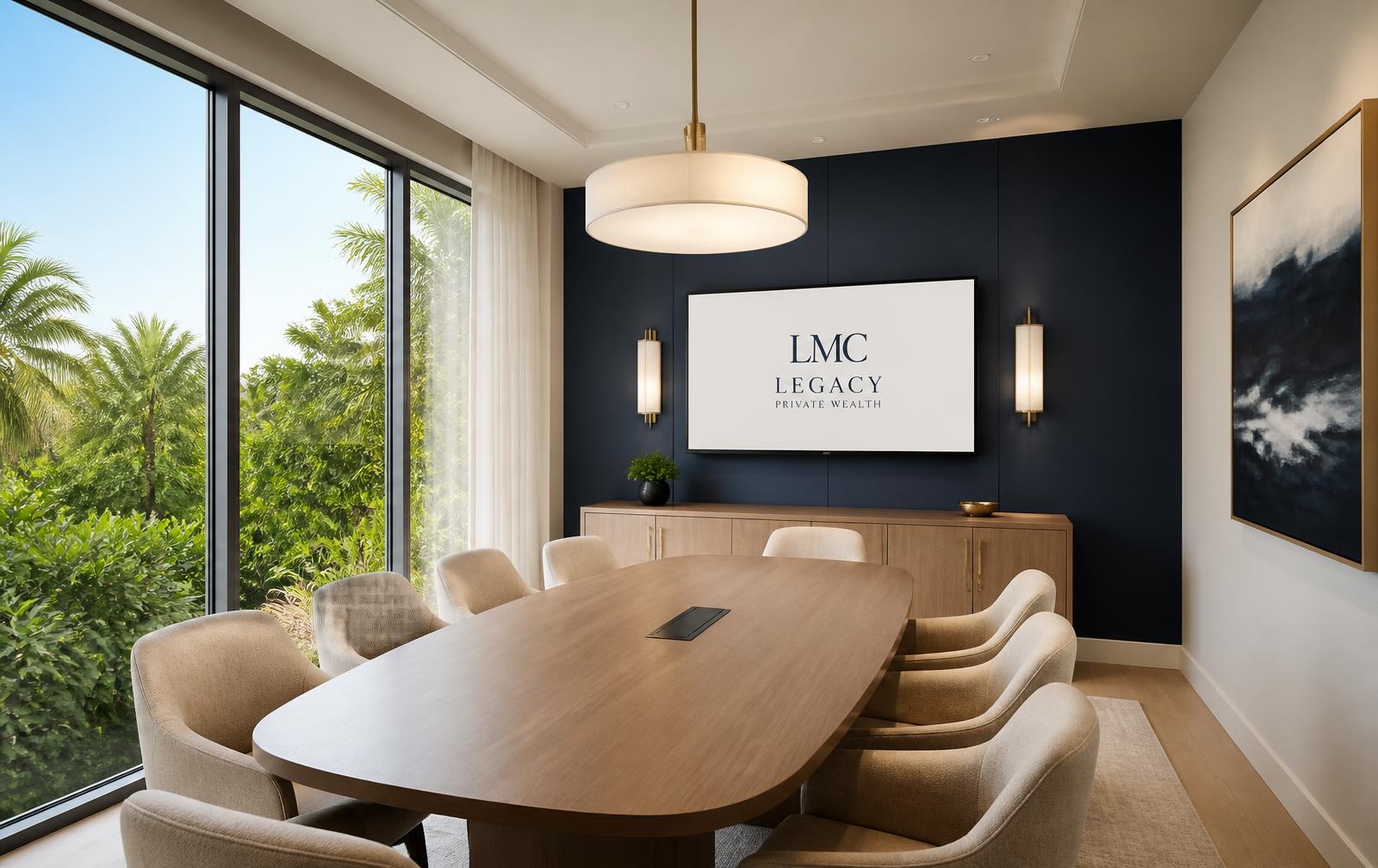 Modern Southwest Florida professional meeting room with an oak table, linen chairs and daylight through tall windows onto subtropical greenery