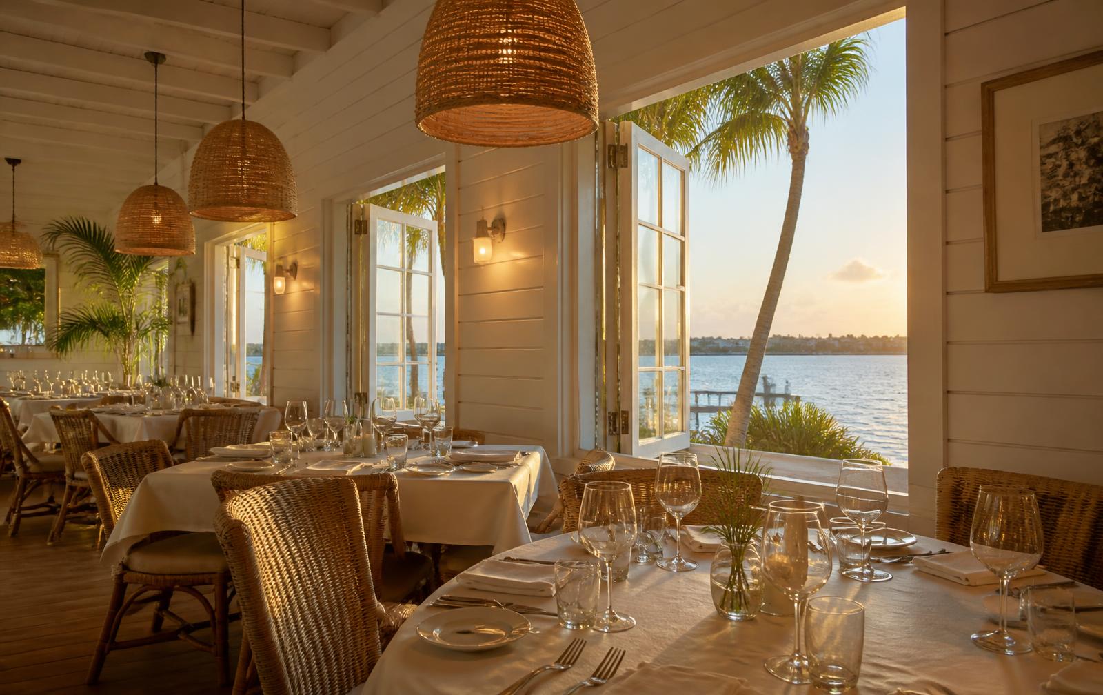 Empty Gulf Coast restaurant dining room at golden hour with linen-set tables, rattan pendants and open windows to the water