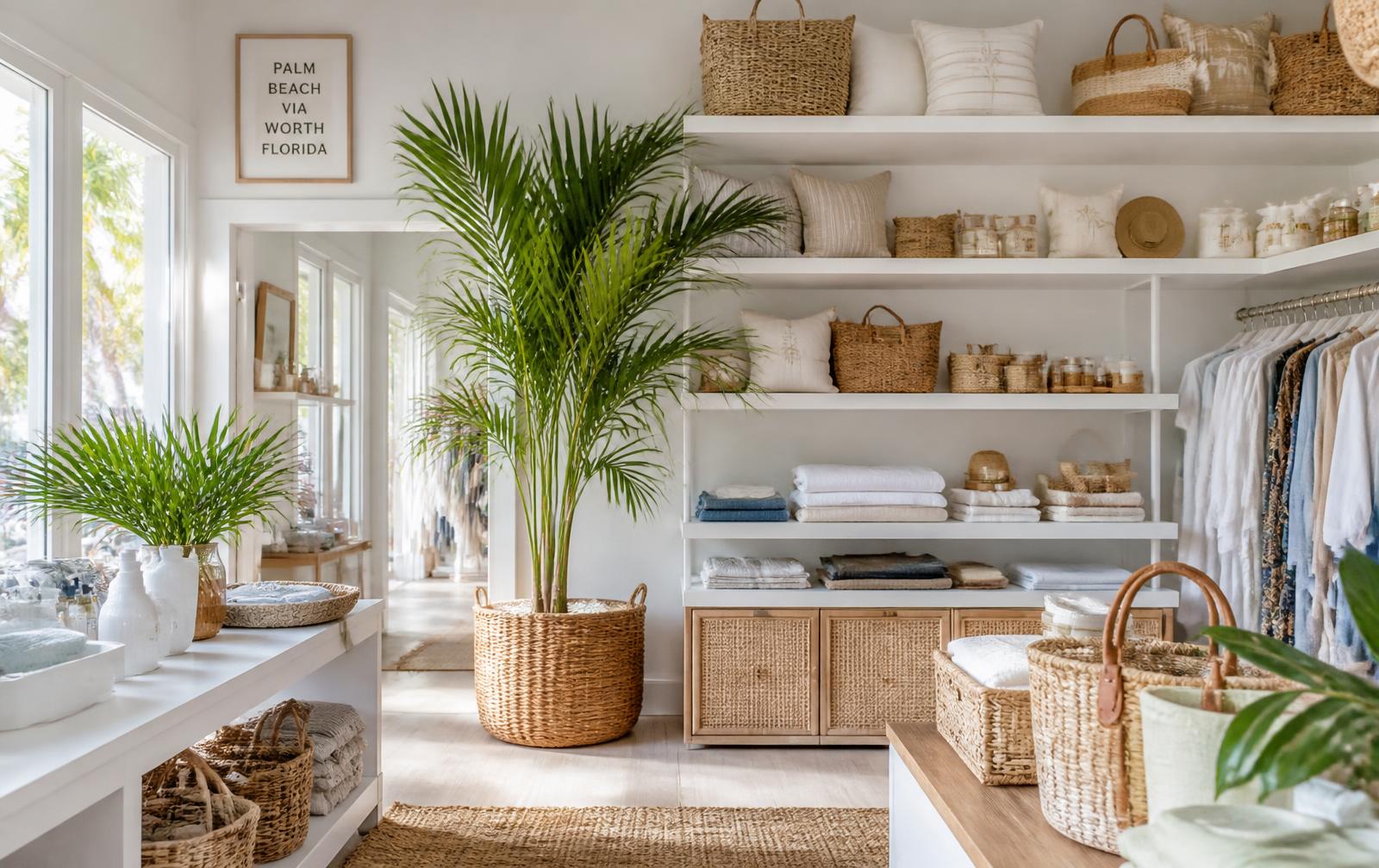 Bright Gulf Coast boutique interior with whitewashed shelving, woven baskets, linen goods and a potted palm in daylight