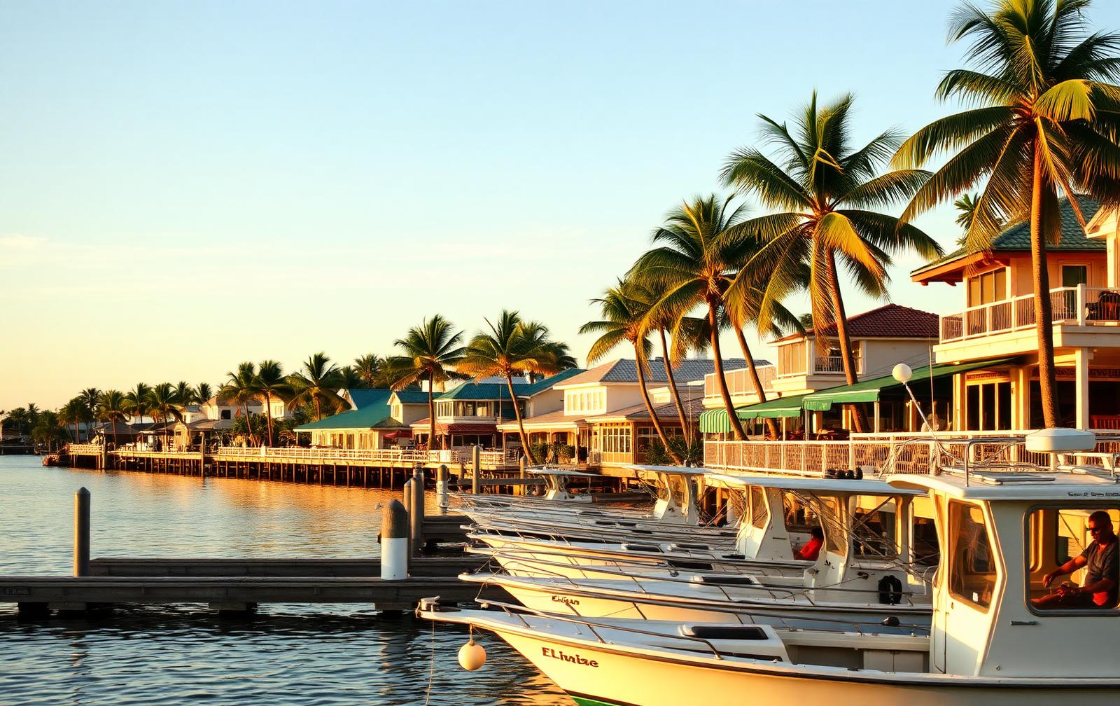 Waterfront independent businesses in a Southwest Florida coastal town at golden hour