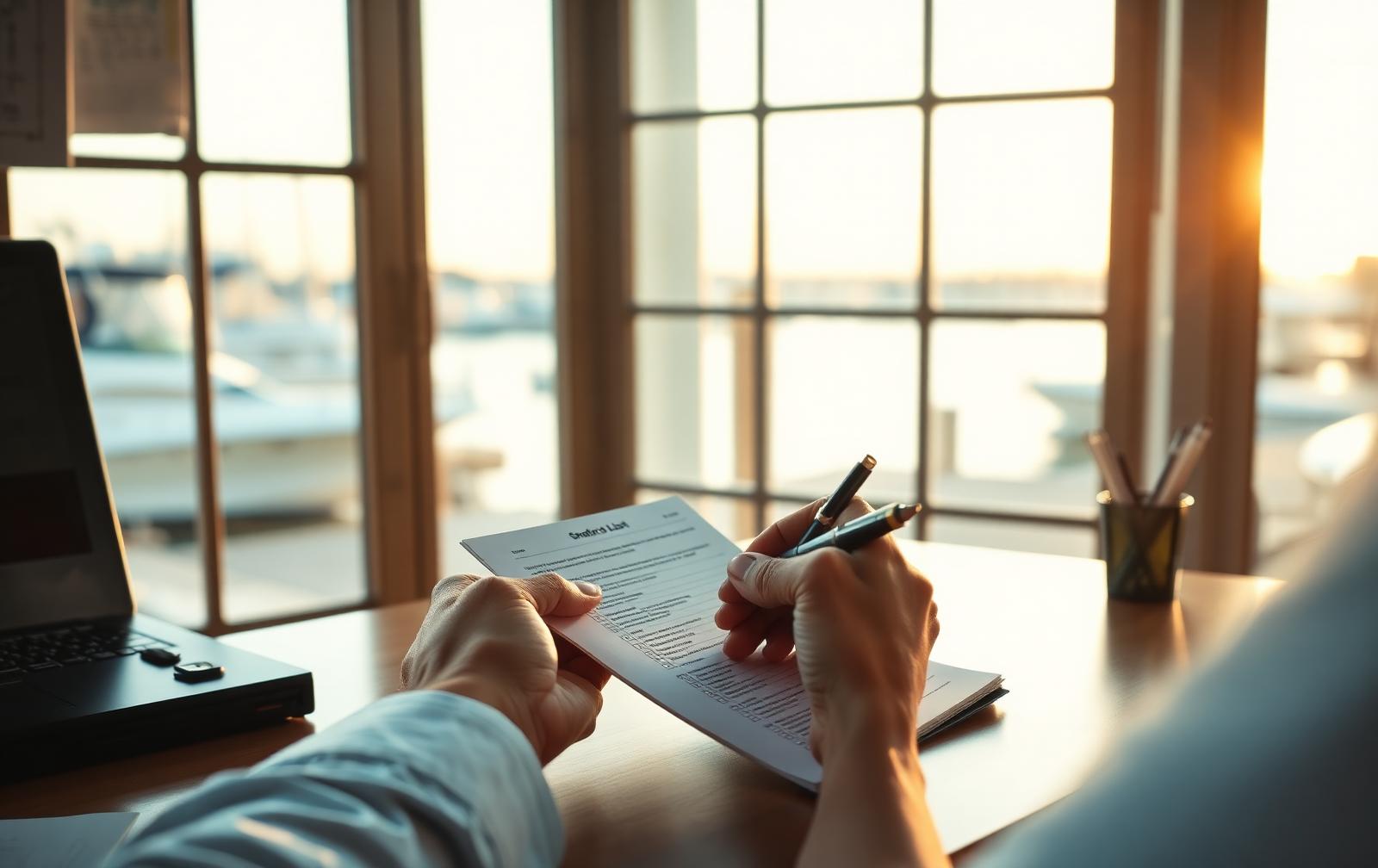 A business owner reviewing a short printed list of priorities at a desk overlooking a Southwest Florida marina