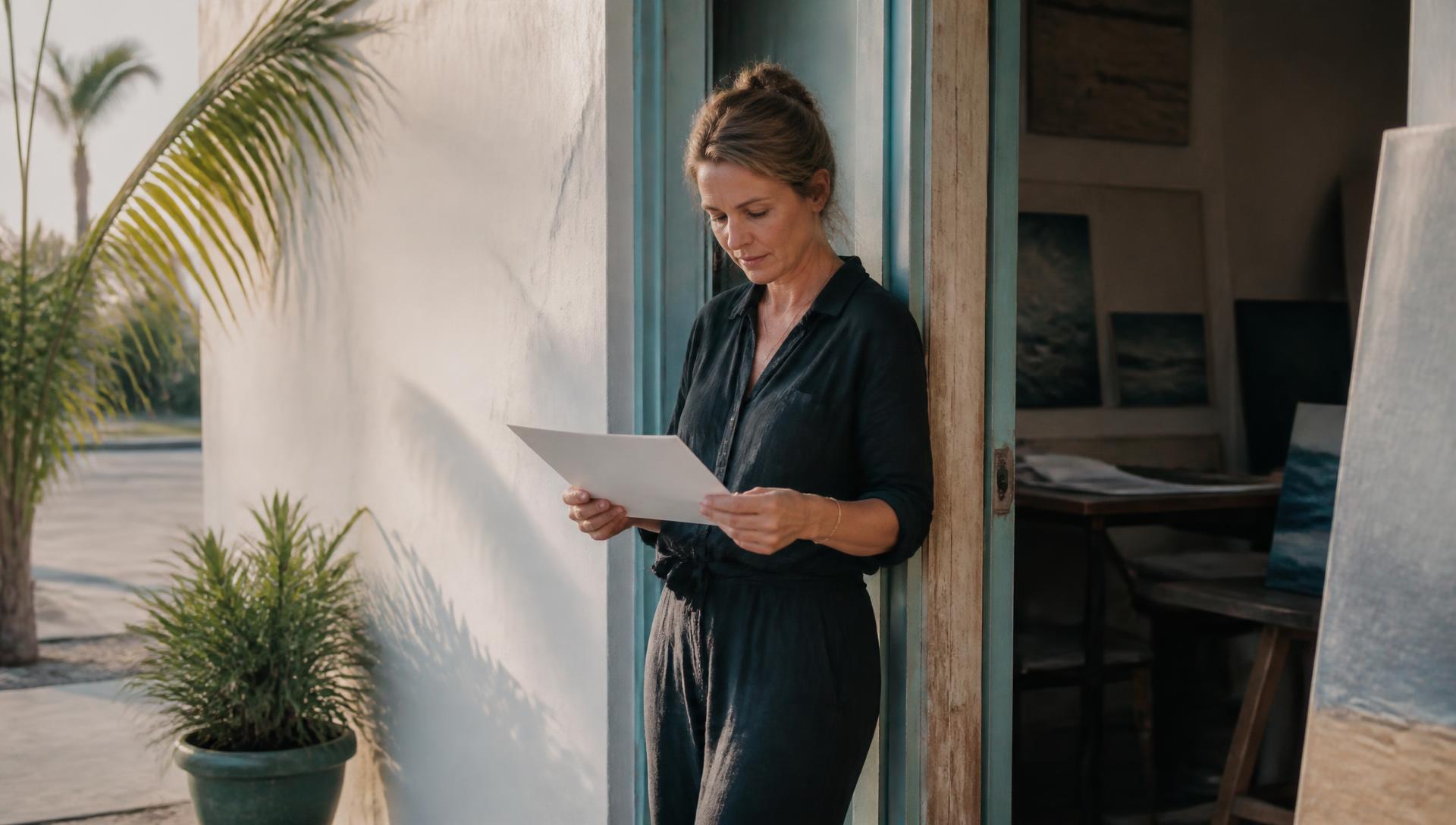 Independent Southwest Florida business owner reading a printed report in the doorway of a sunlit storefront